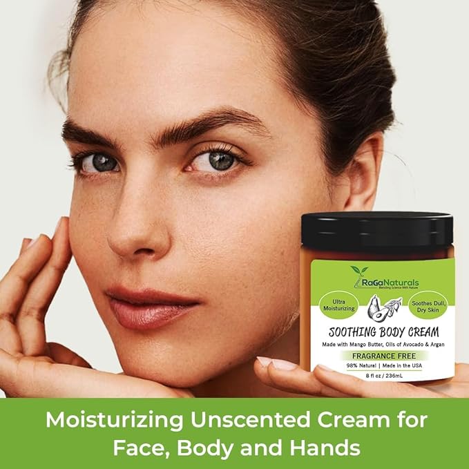 RaGaNaturals Natural Moisturizing Cream - Body & Face Moisturizer for Dry to Very Dry, Sensitive Skin - Unscented Body Cream with Vitamin E & Avocado, Argan Oil - Non-Comedogenic, Fragrance Free -8 Oz-BrightBean Baby