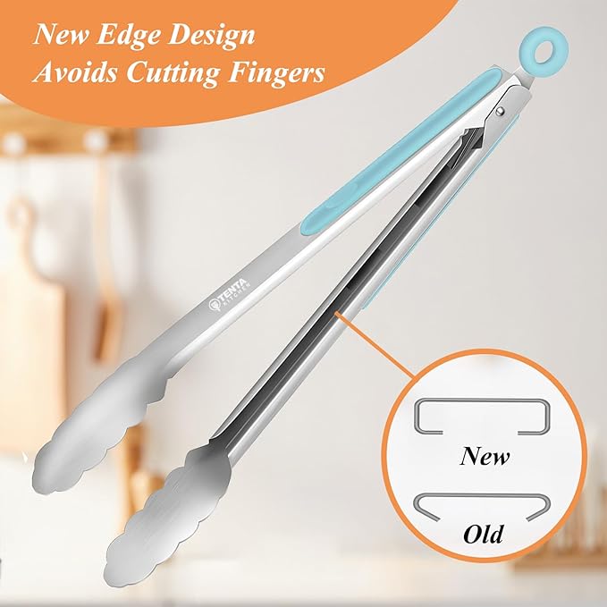 Tongs for Cooking, 12-Inch Stainless Steel Kitchen Tongs, Locking Metal Food with Silicone Non-Slip Grip, Kitchen Utensils for Food, Salad and Outdoor BBQ, Set of 4 (Blue)