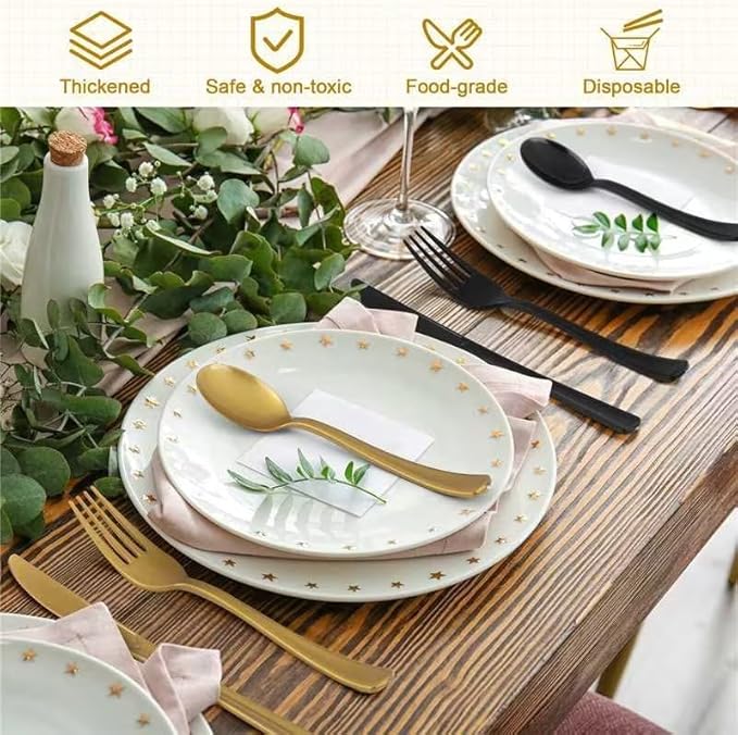 300 Pieces Black and Gold Plastic Silverware Heavy Duty Plastic Cutlery Set Disposable Flatware Includes Spoons Forks Knifes for Party Supplies