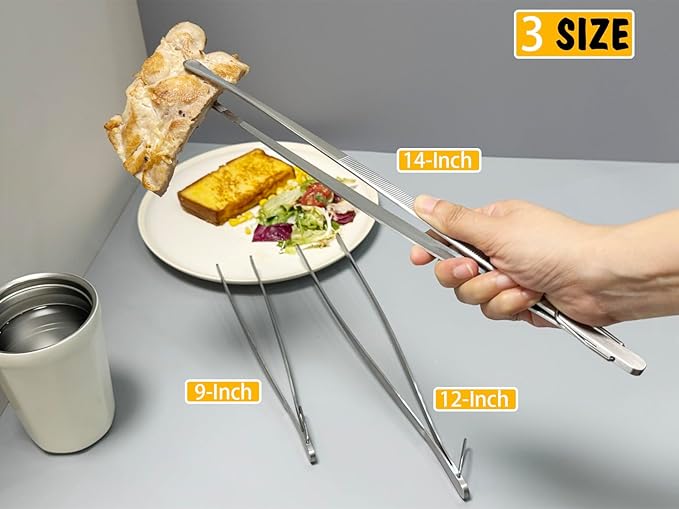 JETKONG 3 Pcs 14-Inch Stainless Steel Cooking Tweezers Heavy Duty Kitchen Food Tweezers (14 14 14 Inch, Silver)
