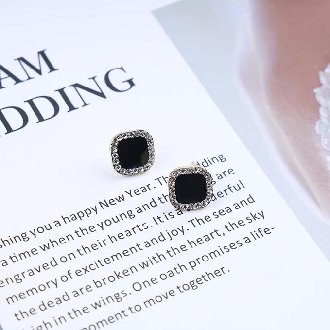 Vintage Black Square Crystal Earrings Black Cz Stud Earrings Rhinestone Diamond Earrings Geometric Onyx Earrings Jewelry for Women and Girls-BrightBean Baby