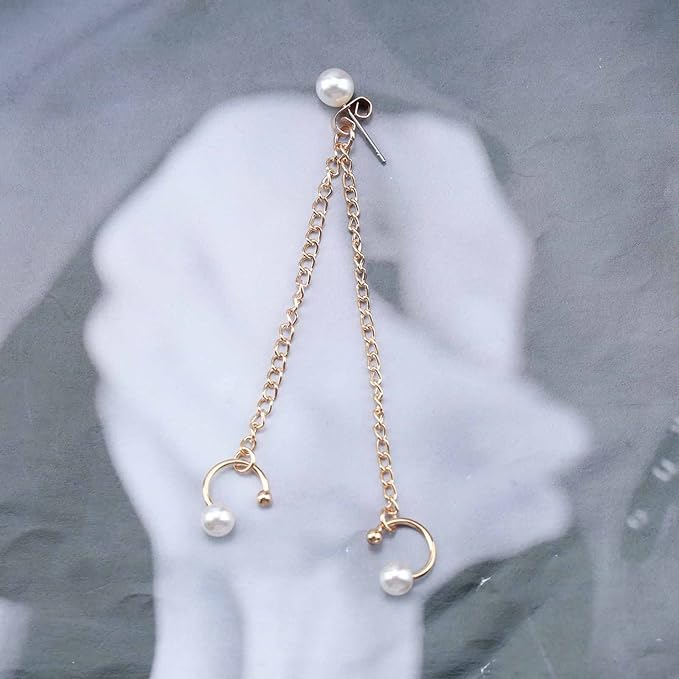 Vintage Pearl Cuff Chain Earrings Gold Chain Ear Cuffs Dangle Chain Cartilage Earrings Pearl Studs Earrings Cartilage Helix Earrings Helix to Lobe chain earrings Jewelry for Women and Girls (Gold A)-BrightBean Baby