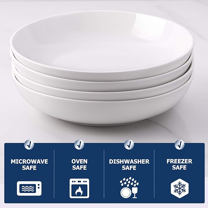 DOWAN 9.75" Pasta Bowls Set of 4, Large Shallow White Ceramic Salad Bowls, 50oz Wide Dinner Bowls for Pasta, Soup, Salad & Stew, Microwave & Dishwasher Safe, Housewarming Gift(Soft White)