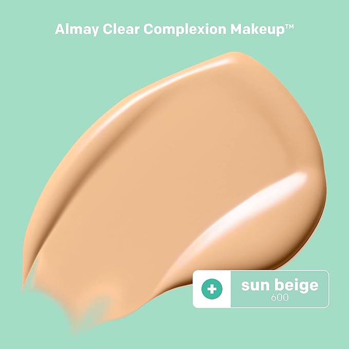 Almay Clear Complexion Acne Foundation Makeup with Salicylic Acid - Lightweight, Medium Coverage, Hypoallergenic, Fragrance-Free, for Sensitive Skin, 600 Sun Beige, 1 fl oz.-BrightBean Baby