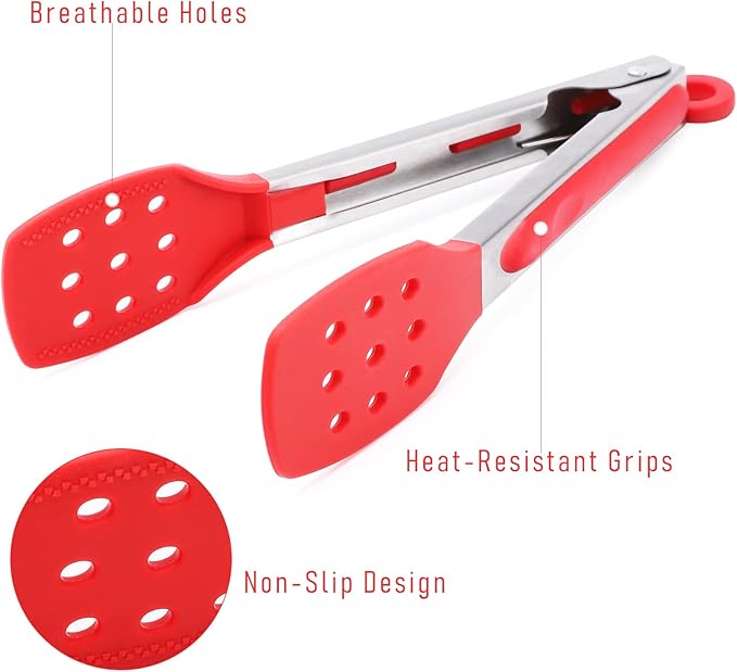 9 Inch Kitchen Tongs, Cooking Tongs with Slotted Silicone Tips and Stainless Steel Handle, Non Stick Heat Resistant Tongs for Cooking, Buffet, Salad Serving (9", Red)