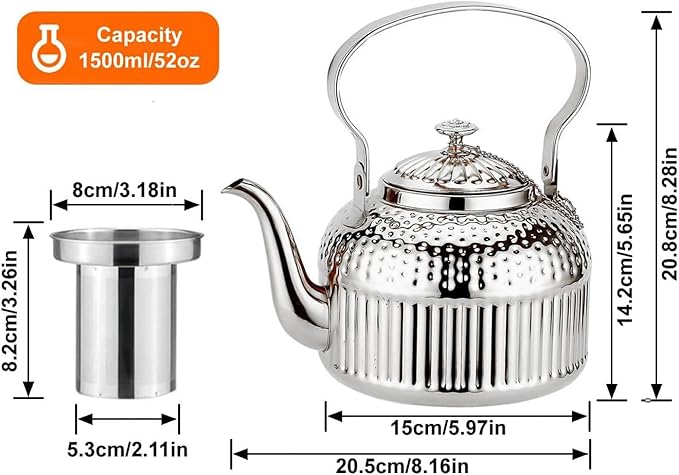 SANQIAHOME Antique 1.5L (50Oz) Stainless Steel Teapot with Infuser Silver