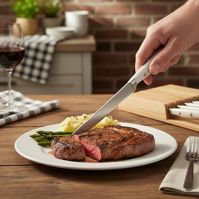 Alata 6-Piece White Steak Knives Set with Block, Stainless Steel Steak Knife set with Serrated Edge, Razor-Sharp, Full-Tang Construction, Dishwasher Safe