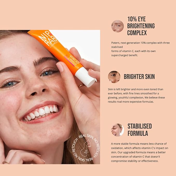 Nip+Fab Vitamin C Fix Eye Cream 10% 0.5 fl oz | with Peptides, Caffeine and Niacinamide for Smoother, Brighter Under Eye Skin | 3 Forms of Vitamin C-BrightBean Baby