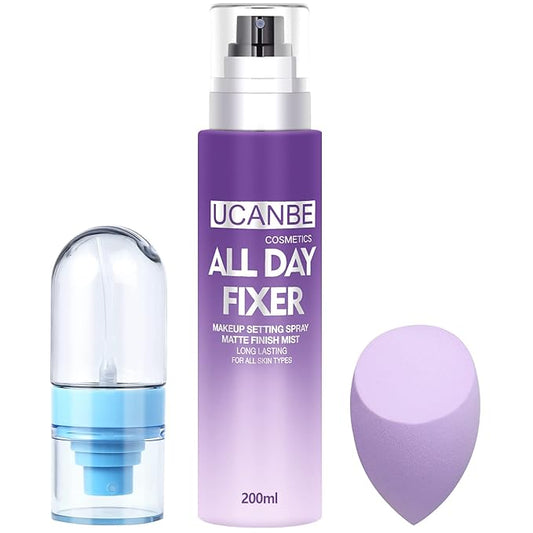 Long Lasting Makeup Setting Spray Kit- 6.76 Fl oz Hydrating Matte Finish Mist Lightweight Face Make up Fixer +Travel Size Spray Bottle+Sponge Puff Makeup Set-BrightBean Baby