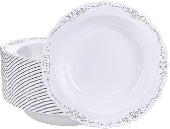 DaYammi 30 Pack Plastic Bowls with Silver Rim, 12oz Disposable Soup Bowls, Heavy Duty Dinner Bowls for Weddings, Parties, Dinners, Catering and Everyday Use