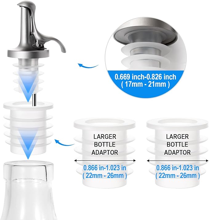 3-in-1 Liquor Bottle Pourers with Speed Spouts, Olive Oil Spout with Built-in Caps - Dishwasher Safe, Alcohol Speed Spouts - 2PCs with 2 Adapters