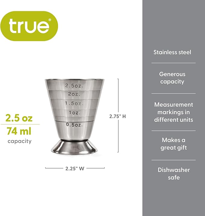 True Trio Multi-Unit Drink Measure, Shot Measuring Cup with Oz, Ml, and Tbsp Markings, Stainless Steel 2.5oz Set of 1