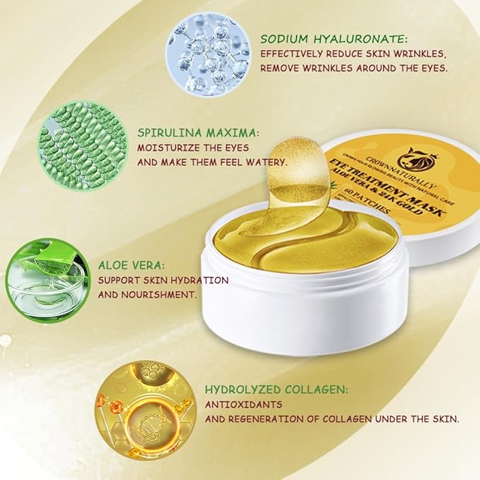 120PCS Under Eye Patches 24K Gold Eye Mask with Aloe Vera Natural Ingredients, Moisturizing Skin Care with Hyaluronic Acid and Collagen for Anti-Wrinkle, for Dark Circles and Puffiness-BrightBean Baby