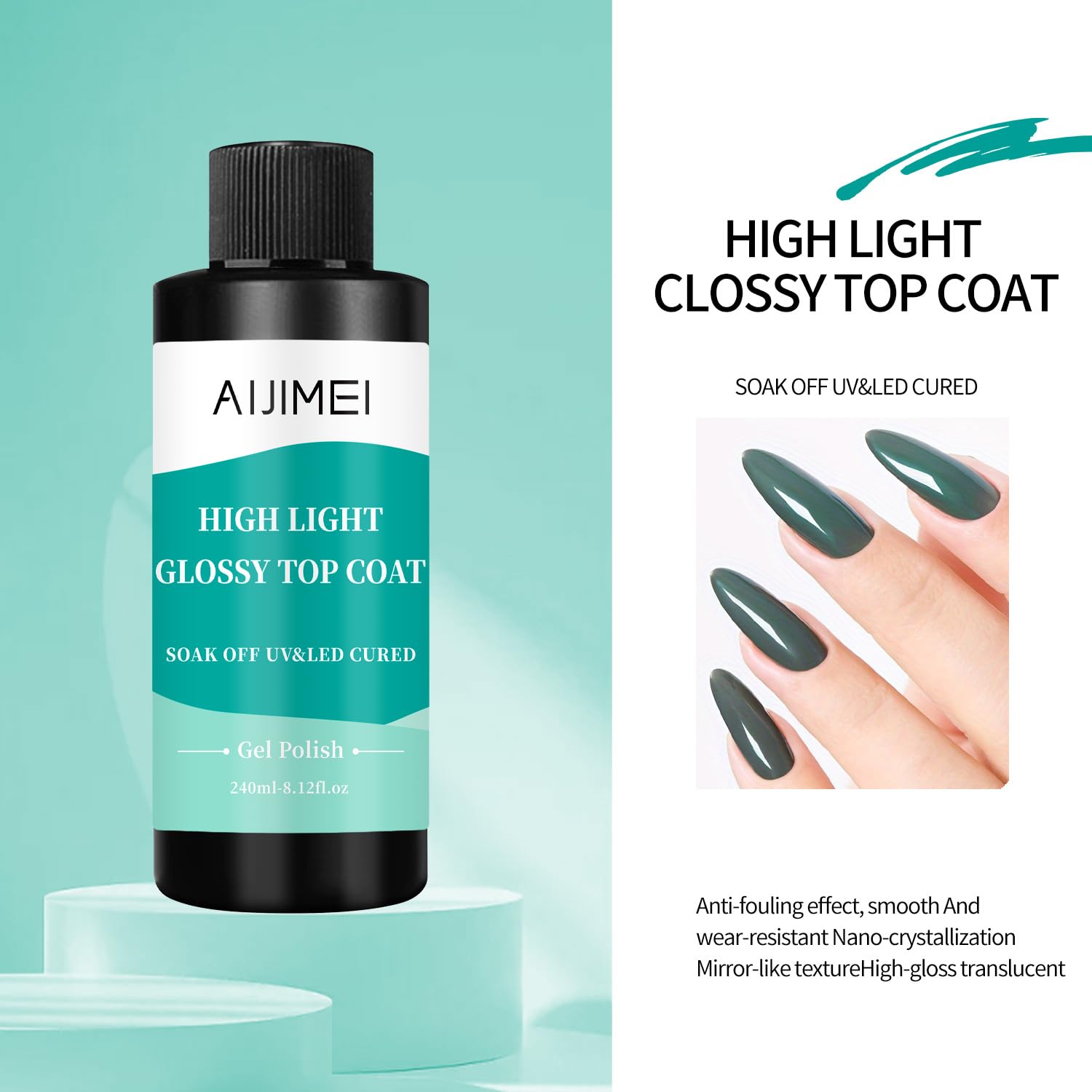 AIJIMEI 240ml High Shine Glossy Top Coat for Nails Long Lasting, Smooth TopCoat, High Light Glossy Top Coat for DIY Nail Art Use Enhance Your Manicure with Brilliant Reflection 8 Fl Oz-BrightBean Baby
