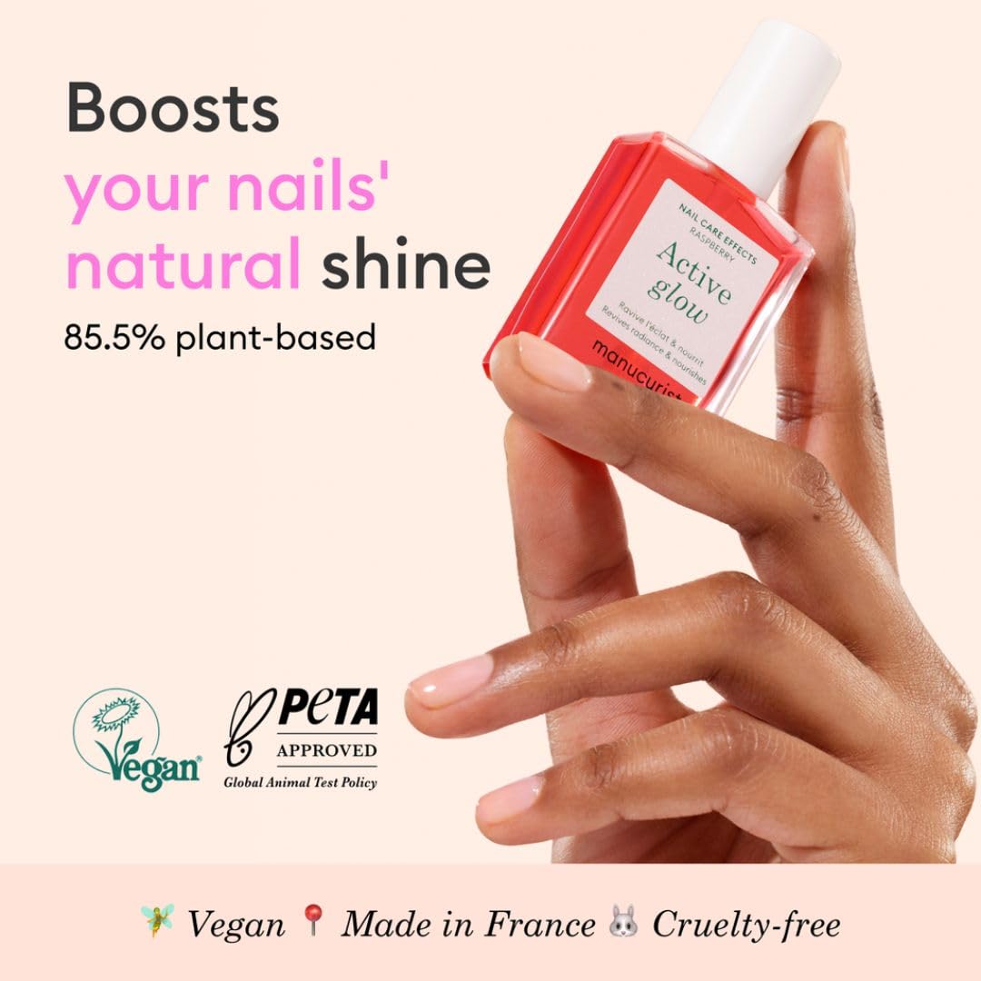 Manucurist Active Glow Raspberry Nail Polish & Care - Ultra-Glowy 2 in 1 Nail Concealer & Care - Plant-Based Ingredients: Sweet Almond Oil, Raspberry for Nourished Nail Rosy Mirror-Like Shine-BrightBean Baby