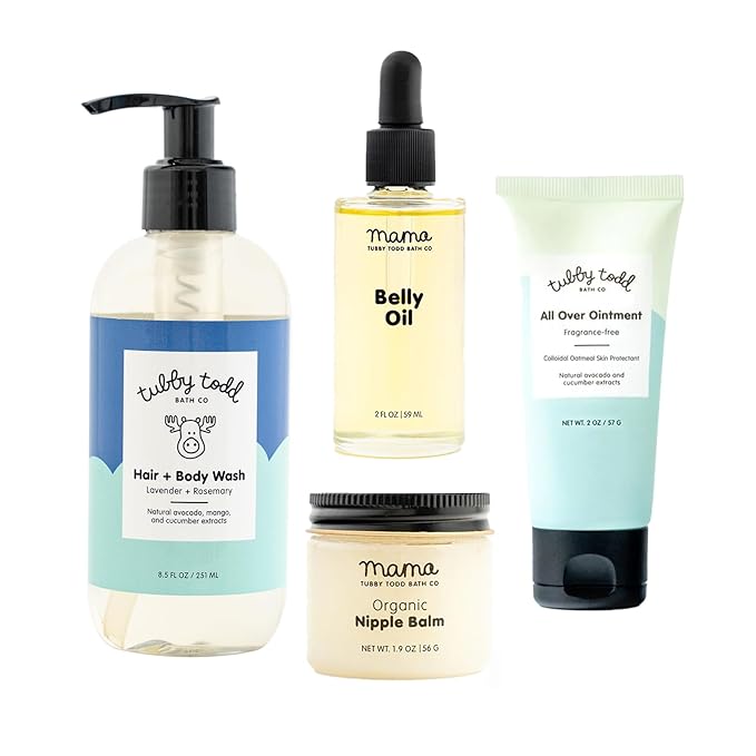 Tubby Todd New Baby & Mom Sensitive Skincare Kit - The Mama + Baby Gift Set - Baby Shampoo and Body Wash, All Over Ointment, Belly Oil & Nipple Balm - Standard Size Lavender Rosemary-BrightBean Baby
