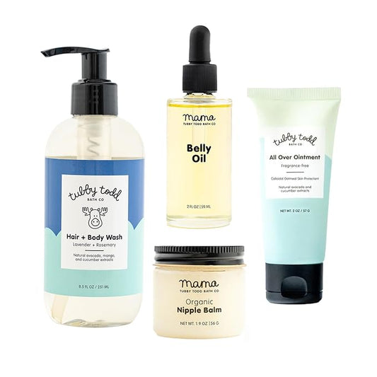 Tubby Todd New Baby & Mom Sensitive Skincare Kit - The Mama + Baby Gift Set - Baby Shampoo and Body Wash, All Over Ointment, Belly Oil & Nipple Balm - Standard Size Lavender Rosemary-BrightBean Baby