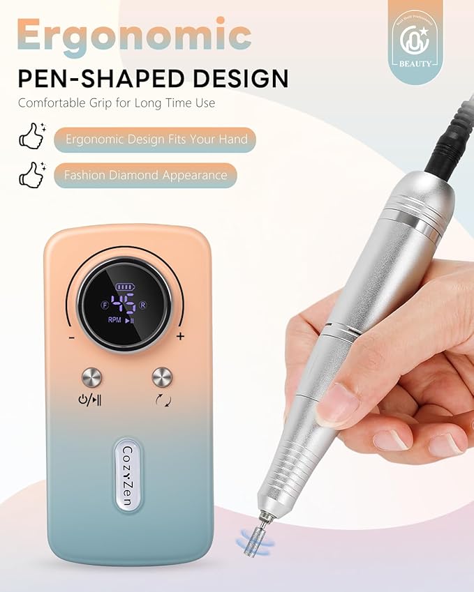 CozyZen Cordless Nail Drill Professional: 45000 RPM Rechargeable Electric Nail File Kit, Portable & Low Noise for Acrylic, Gel Nails, Manicure & Pedicure - Salon & Home Use-BrightBean Baby