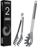 Spaghetti Spoon and Pasta Tong, Non-stick Silicone Spoon Server Fork With Teeth and Stainless Steel Handle, Food Clip for Noodles (Grey)