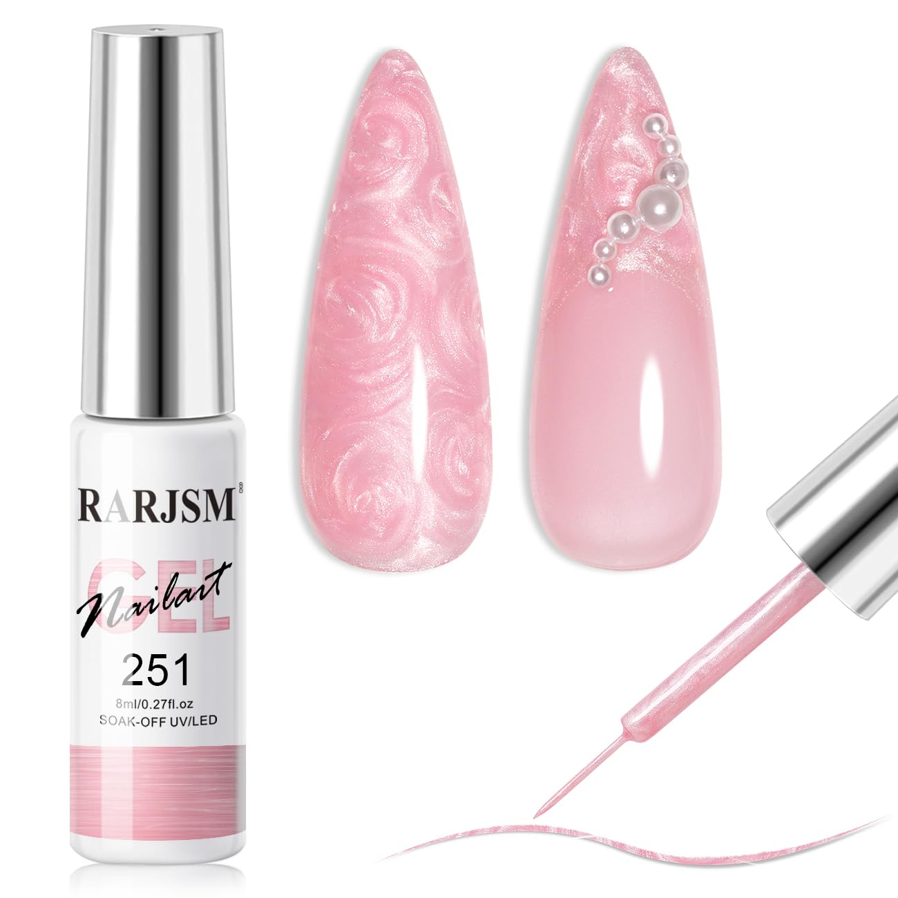 RARJSM Pearl Pink Nail Art Gel Liner Pearlescent Shell Glitter Swirl Effect Gel Nail Polish 8ml Build in Thin Brush Painted Drawing Striper Gelpolish Soak off Curing Requires for Home Salon Design-BrightBean Baby