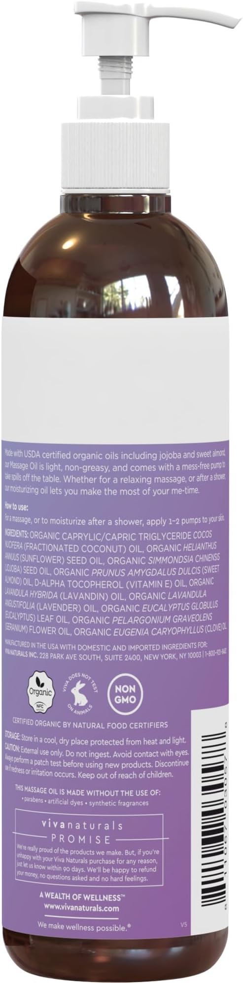 Viva Naturals Organic Massage Oil (8 fl. oz.) - Lavender Scented Non-Greasy Body Massage Oil with Mess-Free Pump, Moisturizing Massage Oils for Massage Therapy, Non-GMO and Certified Organic, 237 mL-BrightBean Baby