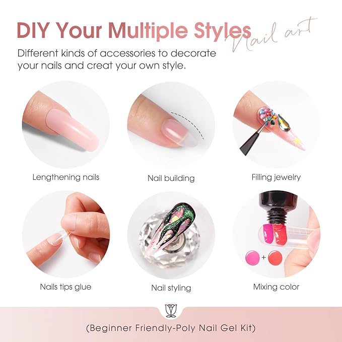 ROSALIND 12PCS Pink Brown Poly Nail Gel Kit with Mini Nail Lamp White Glitter Pink Poly Extension Gel Set-BrightBean Baby