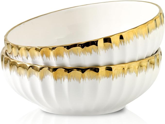 LETAOTAO Serving Bowls, 10 inch Extra Large Salad Bowl Set of 2, Ceramic Bowl with Gold Trim, Kitchen Decorative Bowls Porcelain Mixing Bowls for Salad, Soup, Pasta and Dinner