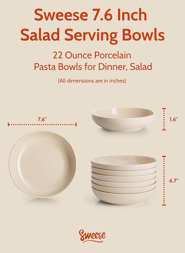 Sweese 22oz Porcelain Salad Serving Bowls Set, Microwave Dishwasher Safe, 7.6 Inch, Beige, 6-Pack