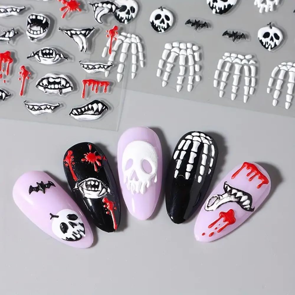 2 Pcs Halloween Nail Art Stickers 5D Embossed Scary Skull Self-Adhesive Nail Decals Halloween Stickers Bat Bones of The Dead Designs Nail Decorations Holiday DIY Acrylic Nail Accessories for Women-BrightBean Baby