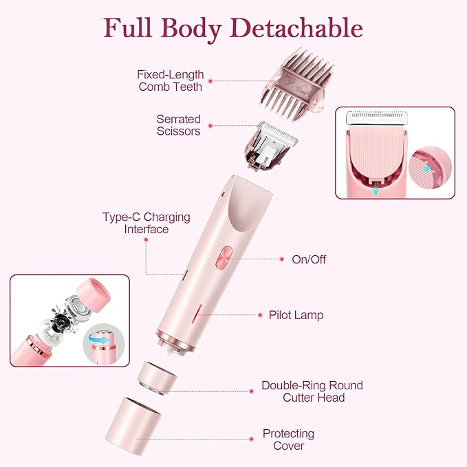 Dermave Bikini Shaver 2.0, 2025 New Glow Aura Bikini Trimmer for Women, 2 in 1 Dual Head Electric Razors for Women, IPX7 Waterproof Wet & Dry Electric Shaver, Rechargeable Portable Body Shaver (Pink)-BrightBean Baby