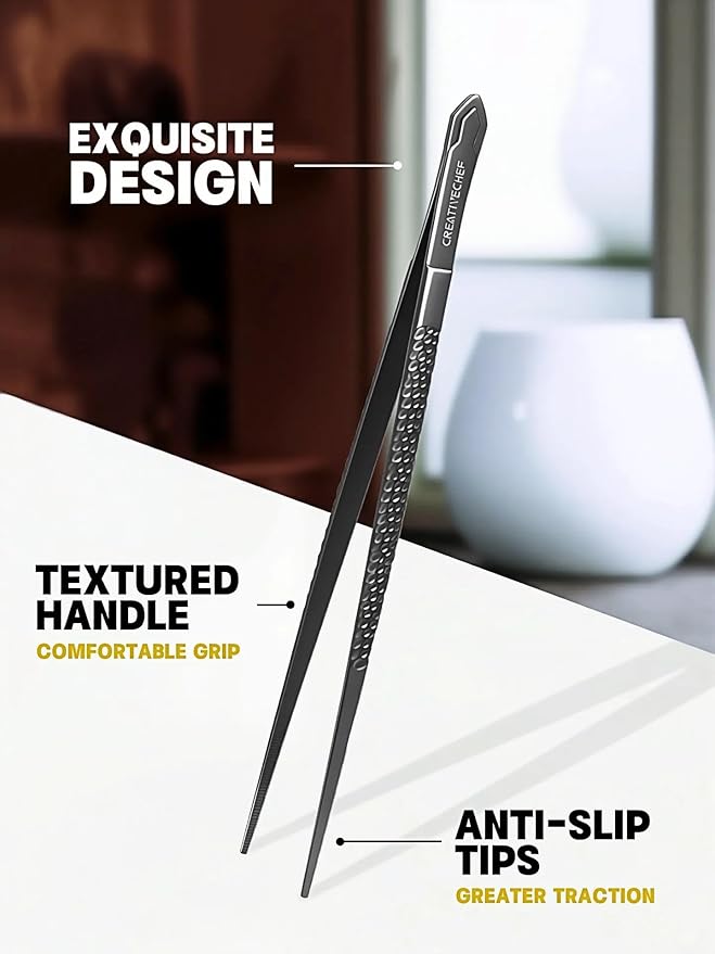 Cooking Tweezers, 2 Piece Chef's Tweezers Tongs, Chef's Plating Tool, 10 inch Food tweezers, Universal for all kinds of cooking, steak, plating, pasta and many other scenarios (2pc Set)