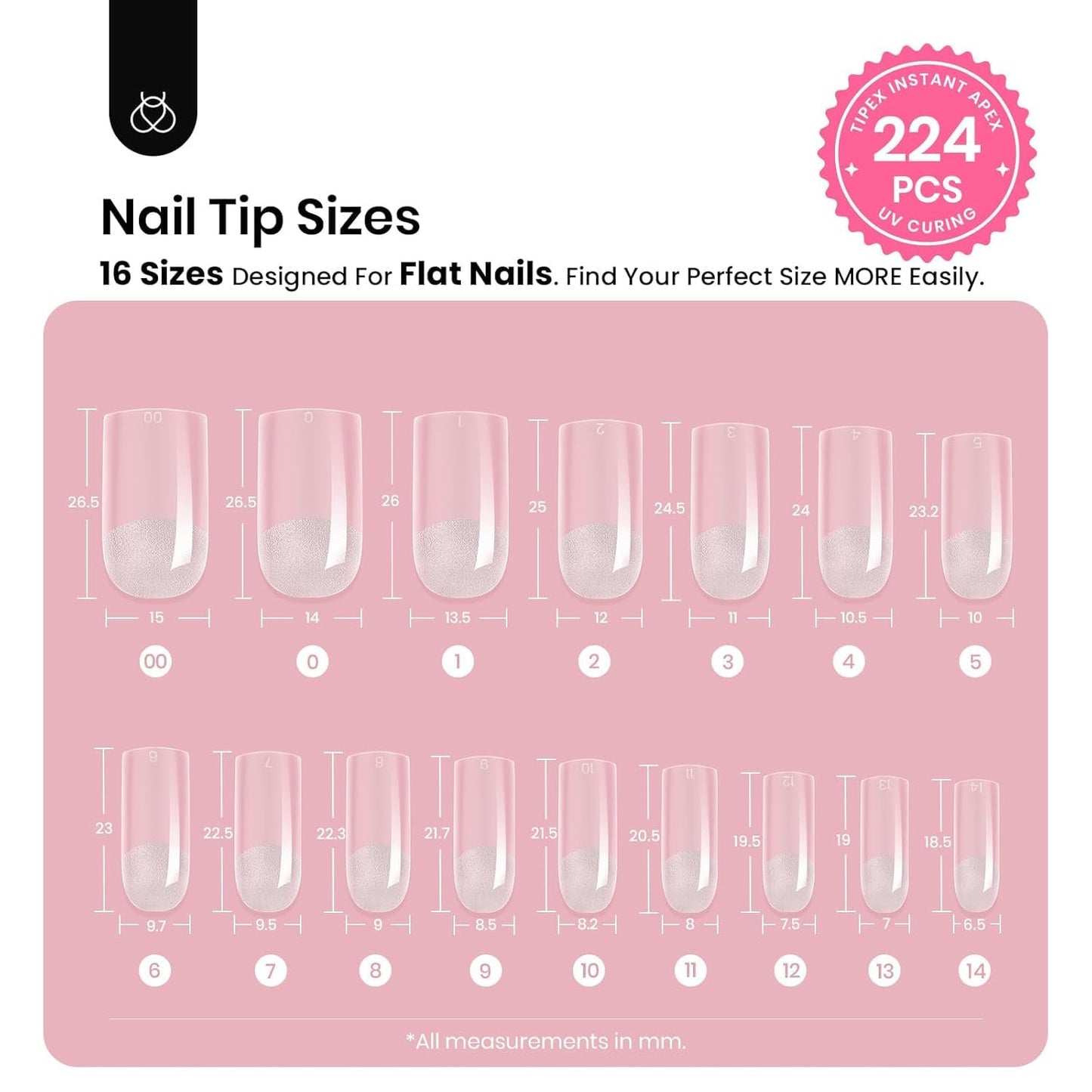 Beetles Tipex Nail Kit, Square Medium Nail Tips 224 Pcs 16 Sizes Pre-Etched Fake Nails with Tipex Nail Glue Mini Nail Lamp - Thick Acrylic Nail Set Pre-Builder Gel Press-on Nails-BrightBean Baby