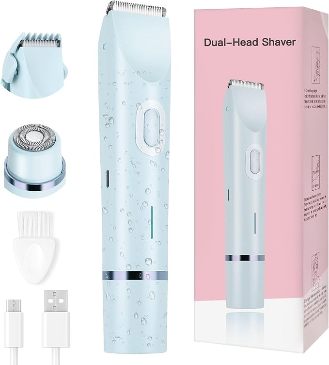 Women's Bikini Trimmer, 2-in-1 Electric Shaver for Bikini Line, Legs, Underarms, Face - Waterproof Women's Electric Shaver for Sensitive Skin, USB Rechargeable (Purple) (Blue)-BrightBean Baby
