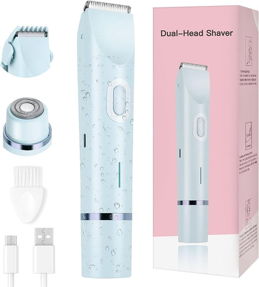 Women's Bikini Trimmer, 2-in-1 Electric Shaver for Bikini Line, Legs, Underarms, Face - Waterproof Women's Electric Shaver for Sensitive Skin, USB Rechargeable (Purple) (Blue)-BrightBean Baby