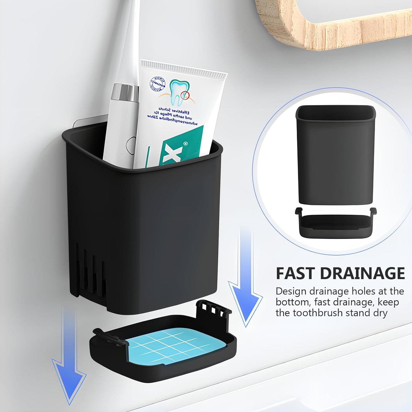 Toothbrush Holder Cup Wall Mounted Drill-Free for Bathroom Shower Electric Toothbrush Toothpaste Razor Holder Removable Waterproof Sturdy Self Draining, Tableware Holder for Kitchen(1pcs&Black)-BrightBean Baby