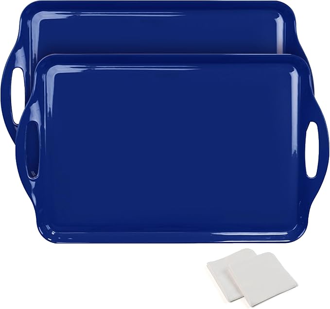 Extra Large Blue Serving Tray with Handles, 19''x11.6'' Melamine Platters, Rectangular Trays for Serving Food, Turkey, Cookie, Cupcakes, Desserts, Dishwasher Safe, BPA-Free, Set of 2