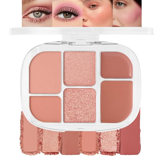 6-in-1 Cream & Powder Makeup Palette – Blush Highlighter & Eyeshadow, Matte & Shimmer Nude Tones, Travel-Friendly Compact for Daily & Travel Use 01-BrightBean Baby