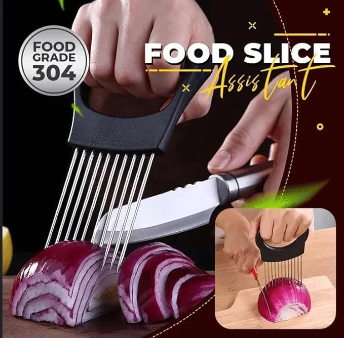 Onion Slice Holder, 2024 New Stainless Steel Holder for Slicing, Chopper Assistant Tool, Cutter for Meat, Onion, Potato, Tomato Kitchen Gadgets (Black, 2 Pack)