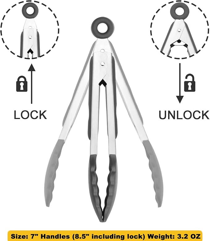 Small Silicone Tongs 7-Inch Mini Serving Tongs, Set of 3 (Black Gray White)