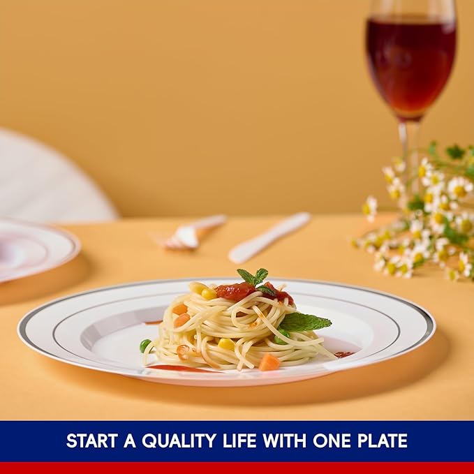 JOLLY CHEF 100 Pieces Silver Plastic Plates, 10 Inch Elegant Disposable White with Silver Rim, Plastic Plates for Thanksgiving, Birthdays and Weddings