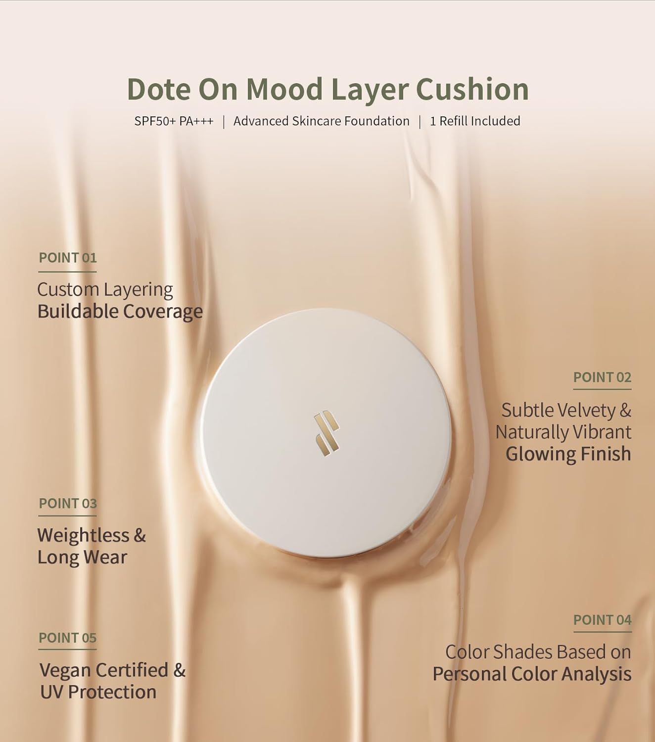 Heart Percent Dote on Mood Layer Cushion SPF 50+/PA+++ with Refill, Satin Glow Silky Flawless Finish Full Coverage Advanced Skincare Foundation (#21Y)-BrightBean Baby