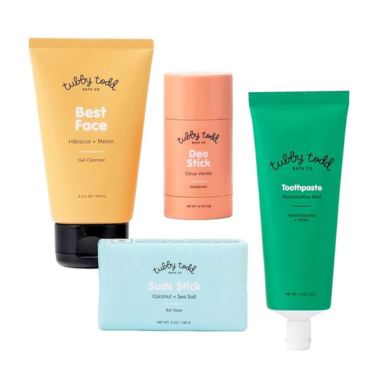 Tubby Todd Kids Sensitive Skincare Routine - The Kickstart Bundle - Gentle Bar Soap, Face Wash, Deodorant, Kids Toothpaste with Hydroxyapetite - Standard Size Scented-BrightBean Baby