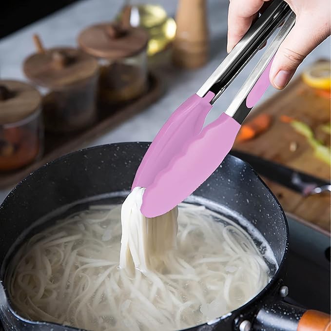 Small Serving Tongs with Silicone Tips 7-Inch Mini Tongs, Set of 3 (Pink)