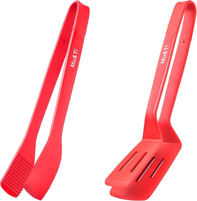 Mu&Ti Silicone Kitchen Tongs 2-in-1 11 In Premium Stainless Steel Barbecue Clamp Multipurpose BBQ Clamp Spatula for Gripper Bread Clip/Fried Steak Clamp/Flipping Fish/Beefsteak Flipper Two Set(Red)