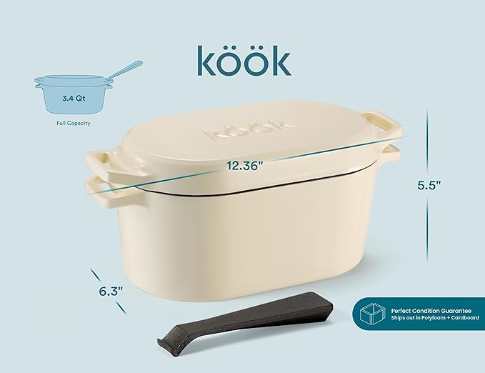 KooK Dutch Oven 3.4 Qt Ivory - Cast Iron for Bread Baking