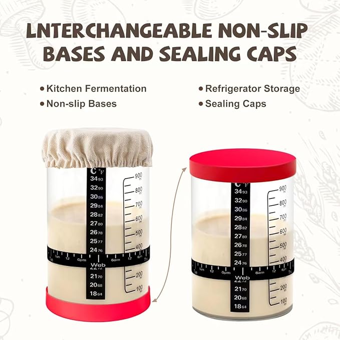 Sourdough Starter Kit, 26PCS Sourdough Bread Baking Supplies, Including a Sourdough Starter Jar (34OZ), Silicone Banneton Bread Proofing Basket Set of 2 (Yellow wood, Oversized glass mouth)