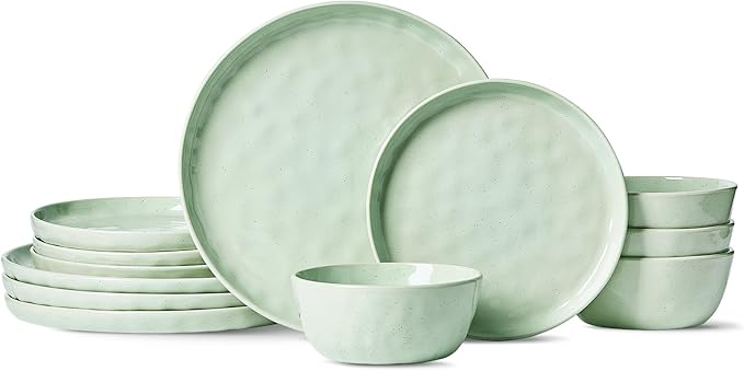 Famiware Mars Plates and Bowls Set, 12 Pieces Dinnerware Sets, Dishes Set for 4, Light Green