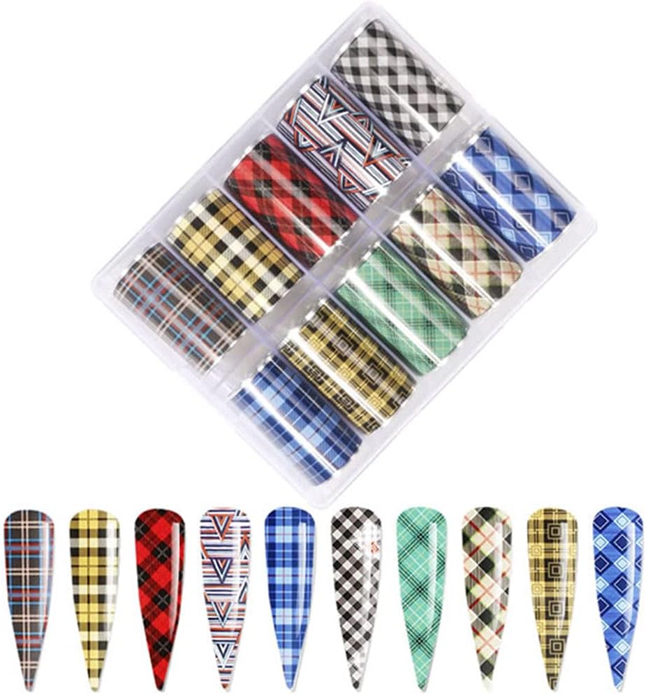 10 Colors Buffalo Plaid Nail Art Foils Christmas Nail Transfer Stickers Supplies Buffalo Plaid Design Nail Decal Tips Wraps Adhesive Glitters Acrylic DIY Nail Decoration-BrightBean Baby