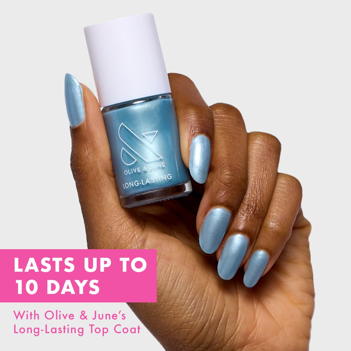 Olive & June Long Lasting Nail Polish | Gel-Like Finish No Lamp Needed | Lasts up to 10 days | Salon-Quality at Home | 15-Free Vegan Cruelty-Free Chip-Resistant Shine |Same Day Next Year Shimmery Blue-BrightBean Baby