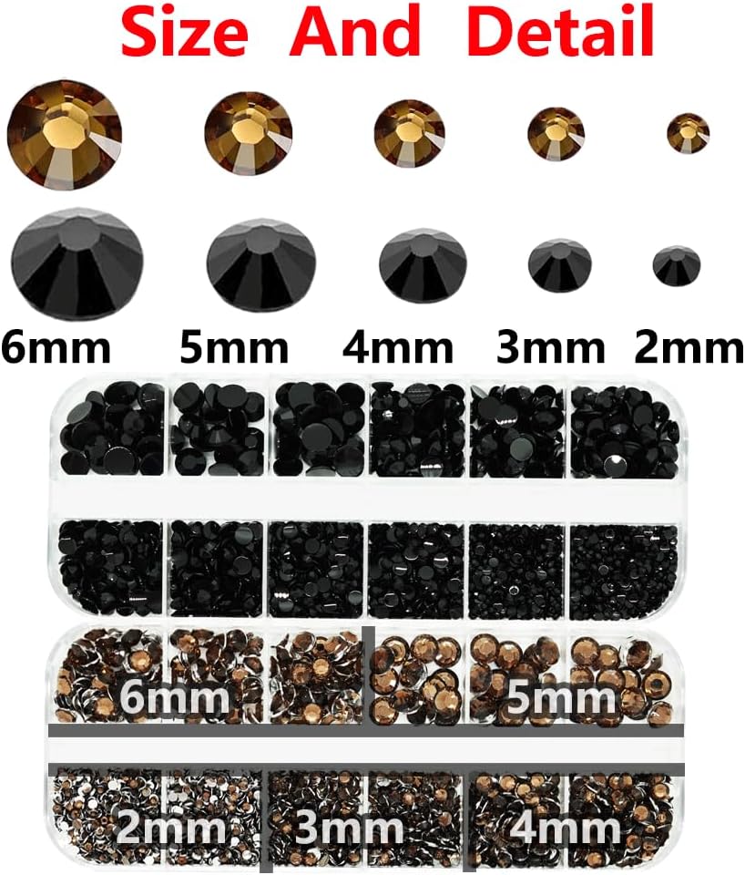 Black and Brown Rhinestones with Glue(S8-S30) for Bedazzling,2mm-6mm Non-Hotfix Flatback Nail Gems Beads with B7000, Resin Nail GemsStones Diamond Kit for Bedazzle Crafting, Nails DIY Art Decoration-BrightBean Baby